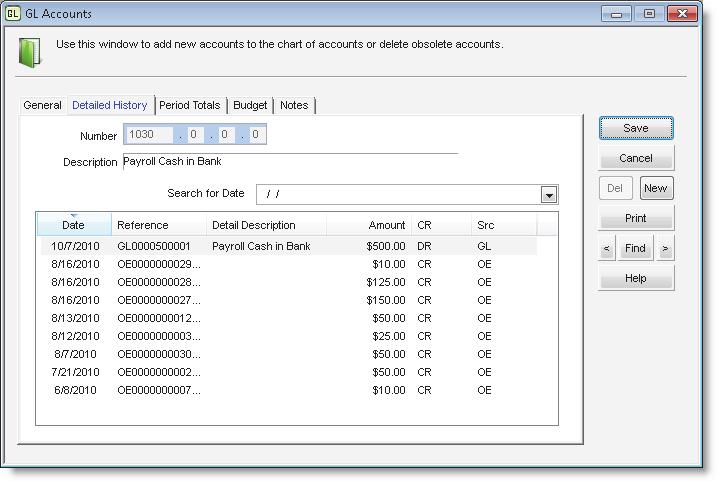 Figure 70: GL Accounts window, Detailed History tab 4 You can double-click on a transaction to view the