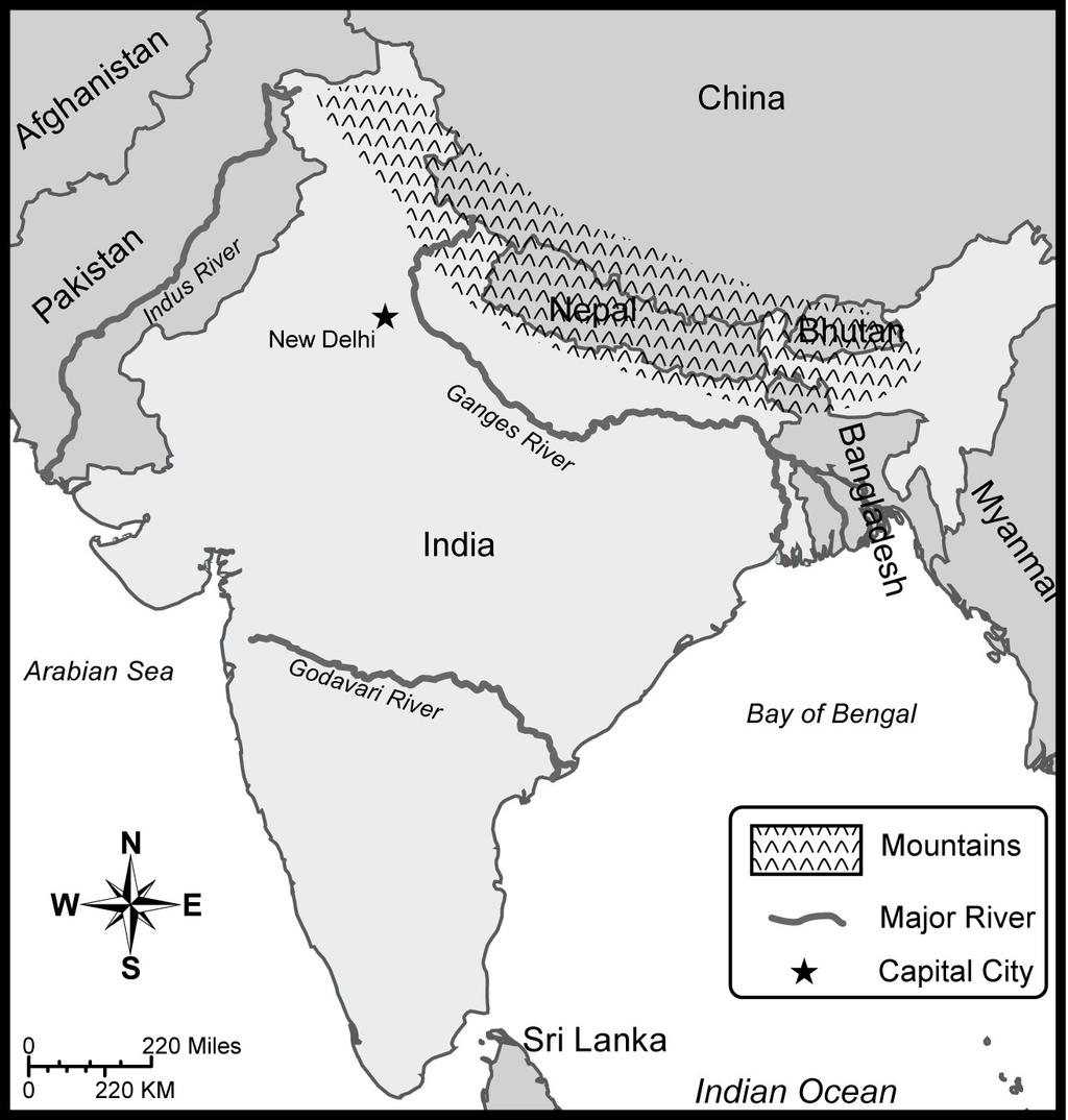 6 Use the map and your knowledge of social studies to answer the following question. How did geography contribute to the placement of India's northern border?
