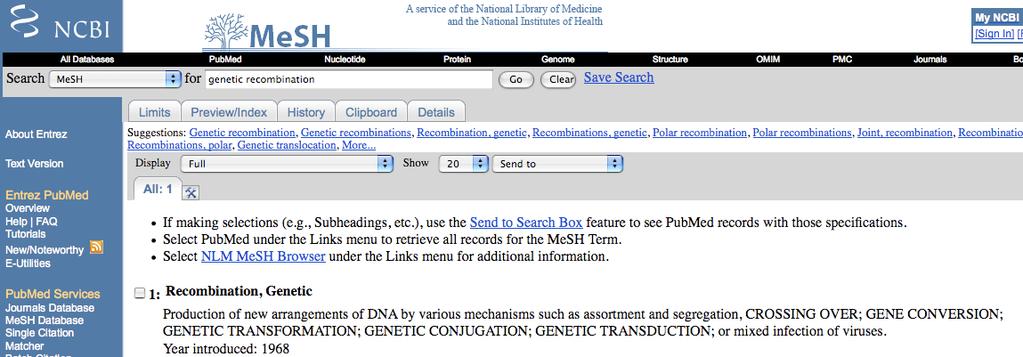 PubMed To start exploring, type recombination into the search window. How can we restrict our search?