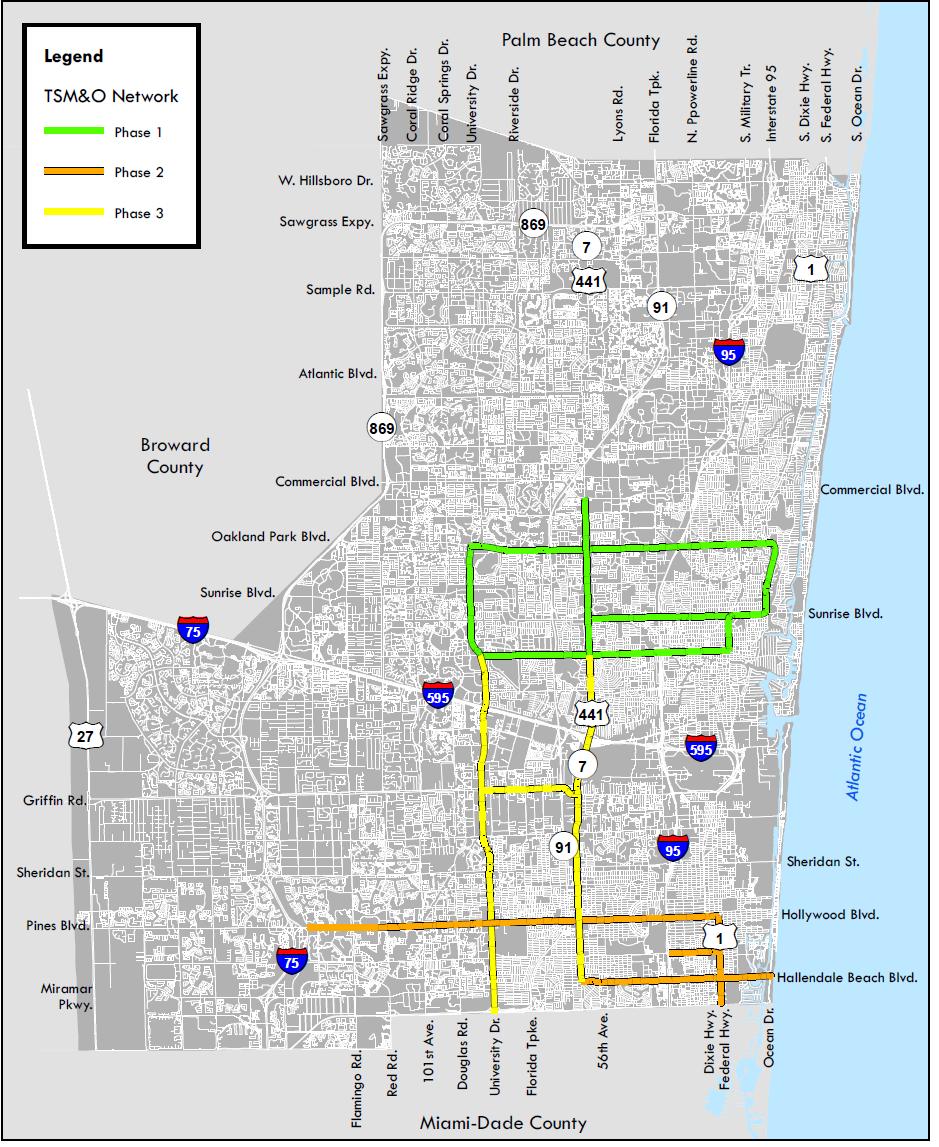 Figure 3-3: TSM&O Network in Broward County Meanwhile, BCTED continues their focus on replacing traffic signal controllers; replacing mast arms; and upgrading the telecommunications infrastructure.