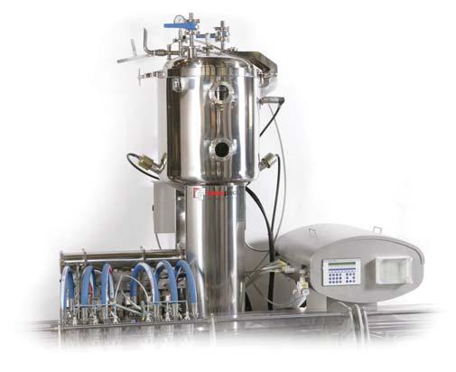 Electronically controlled inductive measuring system which actuates directly on the filling nozzles. Sanitized nozzles made of 16 stainless steel with pneumatic product cutoff system.