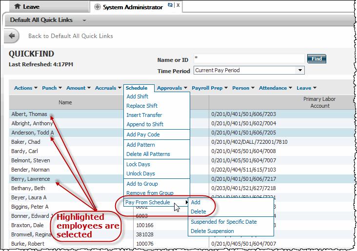 Click the down arrow in the Pay Code column. The Pay Code choice list opens. Note: If your company is set up with Accruals, the Pay Code may affect the Accruals totals as shown in the Accruals tab.