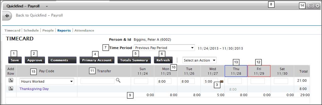 Timecard Workspace Summary Project View Employees, Quickfind Payroll View The Payroll Administrator view of Project View Employees is different depending whether the view is from Quickfind Payroll or