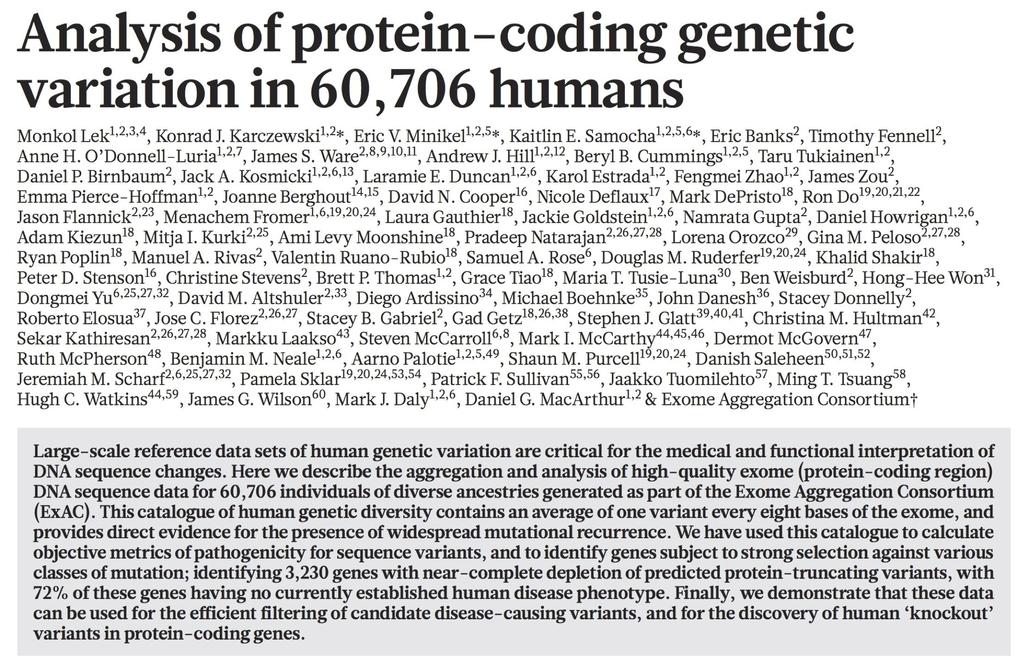 ExAC: exome sequencing of 60,706 humans 1 variant every 8 bases among