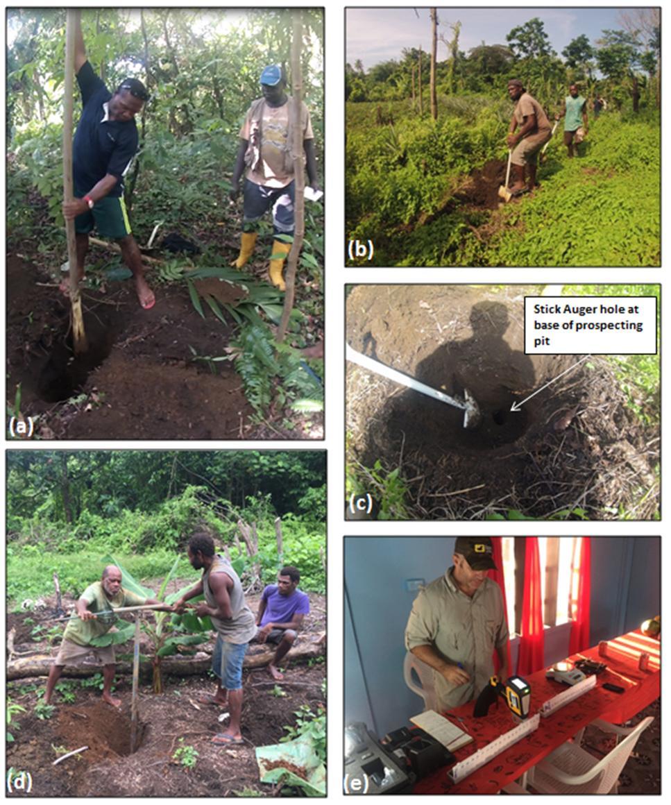 Figure 3: (a) Stick Auger being used for sampling bauxite profile. (b) Land Owner assisting prospecting on his own farm.