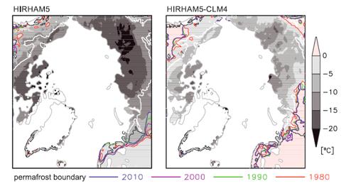CCI+ Permafrost Model comparison with Brown et al. 1997 permafrost zones (white line- continuous permafrost zone, black line discontinuous permafrost zone) by Matthes et al. 2017.