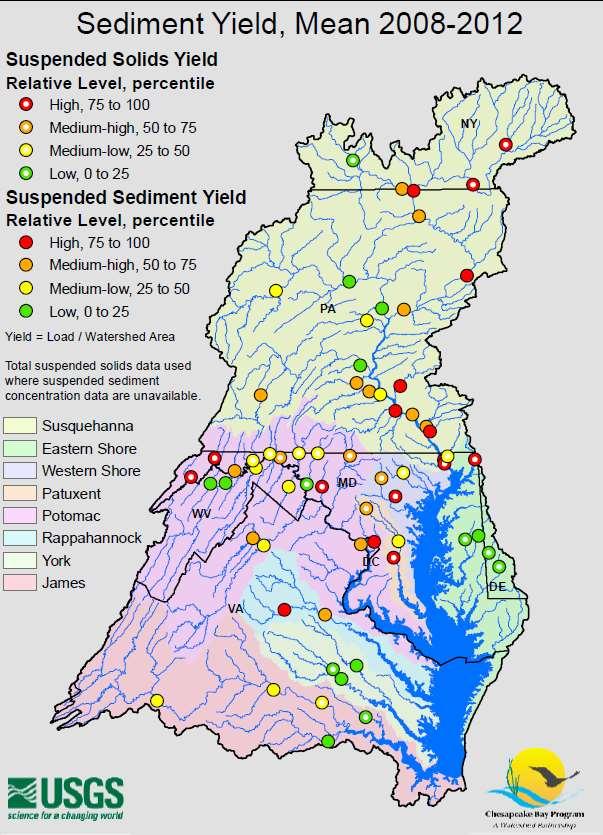 Accretion potential in living shoreline siting Map: Sediment Yields Measured in Watershed Streams and Rivers, Mean 2008-2012 Date created: Jan 02 2014 / Download Watershed Yield: Sediment yields