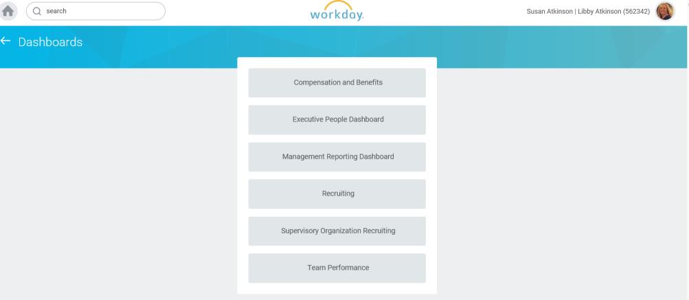Some examples of the Dashboards you will see at the start include: Compensation and Benefits Executive People Dashboard Management Reporting Recruiting Supervisory