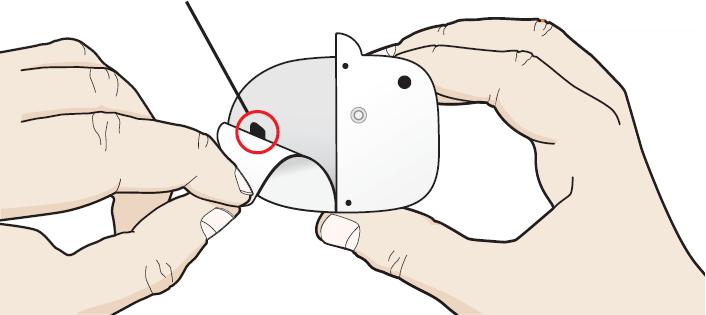 B To expose the adhesive pad, use both pull tabs, one at a time, to peel the two pieces of white adhesive backing away from On-body Injector.