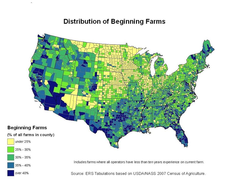 Share of farms in a county that are beginning farms Value/ Values Aver.