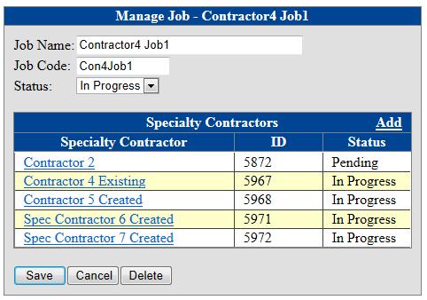 13) Once the specialty contractor has approved the request to add them to the job, and assigned some of their employees to the job, the contractor will be able to click on the specialty contractor s