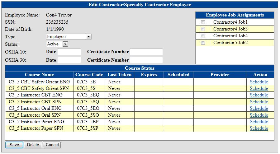 10) Below is the Edit Contractor Employee window, allowing the contractor to update the employee s type,