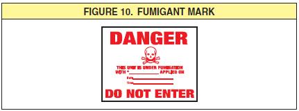 h. FUMIGANT Mark (1) As information, the purpose of the FUMIGANT mark (see Figure 10) is to warn persons unloading the rail car, trailer, or container that it has been fumigated and that they must