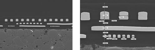 SEM image of 3-Layer RDL ewlb Test Vehicle Side by side multi-chip packaging can provide more design flexibility for SiP applications because a chip designer has more freedom in pad location