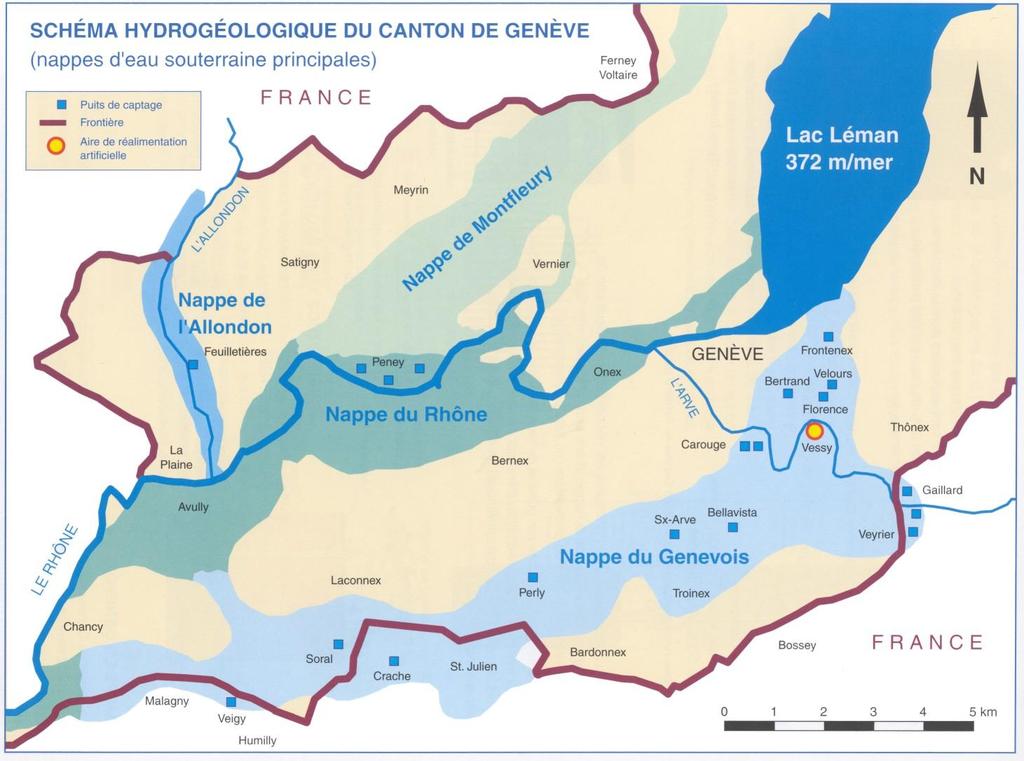 SKETCH OF AQUIFERS OF THE GENEVA AREA Lake Geneva 2 water pumping plants in the lake (distributing +/- 80% of the drinking water)
