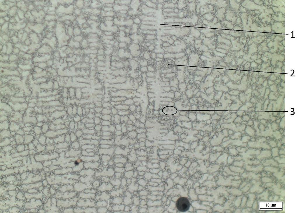Figure 11. XH-7, Sample N35, microstructure of light area etched in 3.3. Martensitic primary dendrites (1), eutectic structure (2) and carbide or boride particles (3) are observed.