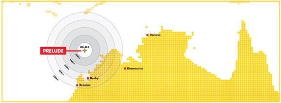 Location The Prelude FLNG Project is in WA-44-L, in Commonwealth marine waters, 200km offshore northwest Australia and 460km north-north east of Broome in 237m from Mean Sea Level (MSL) water depth.