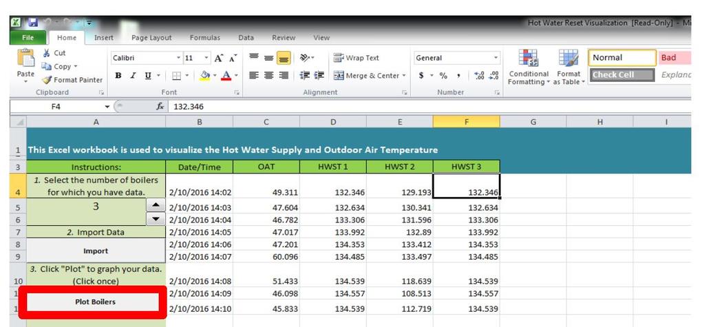 Here is an example of the raw logger data that has been imported into the Building Performance Lab s Hot Water Reset Visualization Tool for Excel.