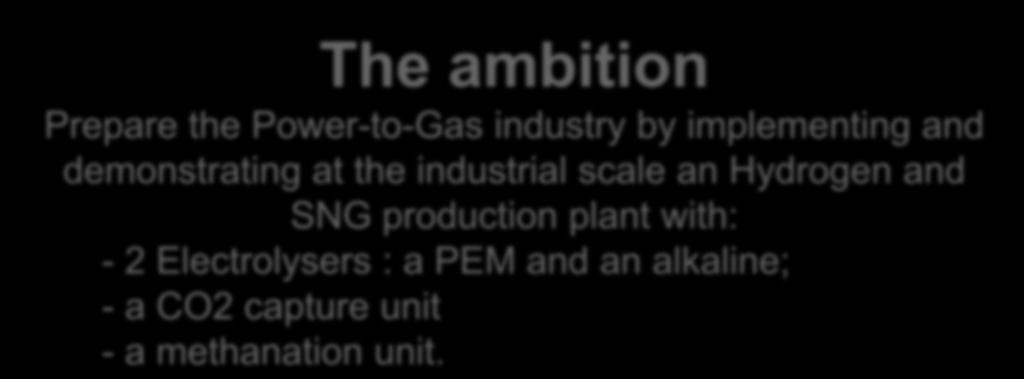 Demonstration project => Build a first pilot plant to test the hydrogen and Synthetic Methane injection into the national gas grid The ambition Prepare the Power-to-Gas industry by