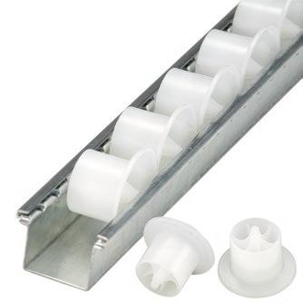 PLAIN PLASTIC ROLLERS WITH STEEL AXLE* + + Ideal for containers weighing over 30 kg + + Good conveying capacity These plastic rollers are mounted on steel