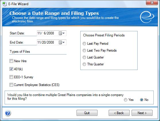 Step 3 Choose a Date Range and Filing Types On this screen you can select the start date, end date, and quarter that you are filing your New Hire report for.