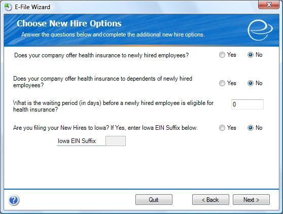 Step 4 Choose New Hire Options Listed on this screen are a few questions specific to your company.