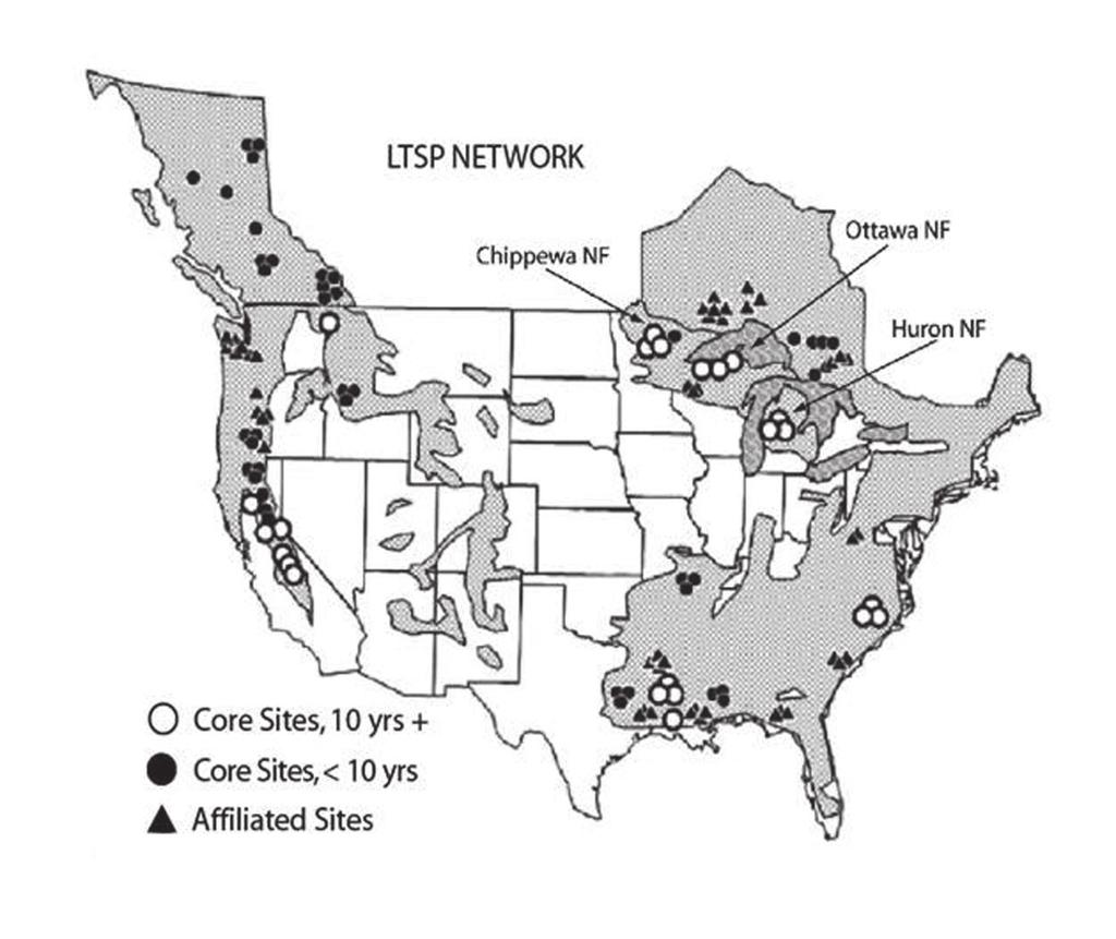 Figure 1. LTSP core nd ffi lite sites reltive to the pproximte rnge of commercil forest in the United Sttes nd portions of Cnd (fter Powers et l. 2005).