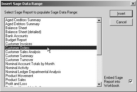 For example, if you choose to insert the Nominal Account Totals by Month data range, you can specify the range of nominal codes for which you want Excel to return your data.
