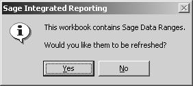 You can control how your workbook responds to changes in your Sage 50 Accounts data using the Refresh feature. You can refresh: The whole workbook.