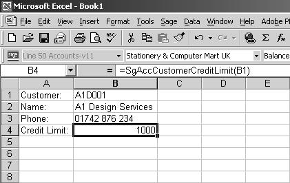 Type labels in cells A3 and A4, such as Phone: and Credit Limit: Now insert the SgAccCustomerPhone function into cell B3 and the SgAccCustomerCreditLimit function into cell B4, as you did before.