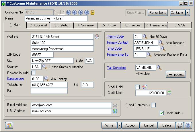 Operation Customer Maintenance A Whse button has been added to Customer Maintenance (Figure 2). Click it to pop up the Default Warehouse Code screen (Figure 3).