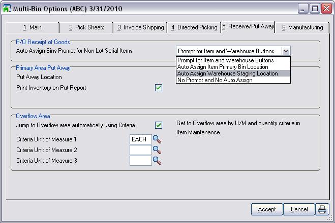 Receiving When setting up Multi-Bin Options, you will see there is an option for automatically assigning the Warehouse Staging Location to all incoming items.
