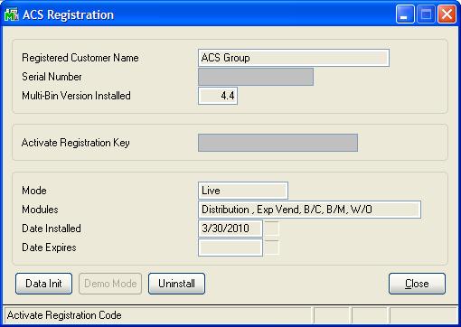 LIBRARY MASTER > SETUP MENU ACS GROUP PRODUCT REGISTRATION New User Quick Start Guide In order to use Multi-Bin, you will need to register the module or enter Demo mode.