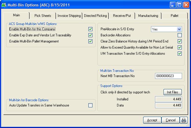 INVENTORY MANAGEMENT > SETUP MENU MULTI-BIN OPTIONS New User Quick Start Guide This options screen will be revisited throughout the manual with discussion of the specific processes they affect.