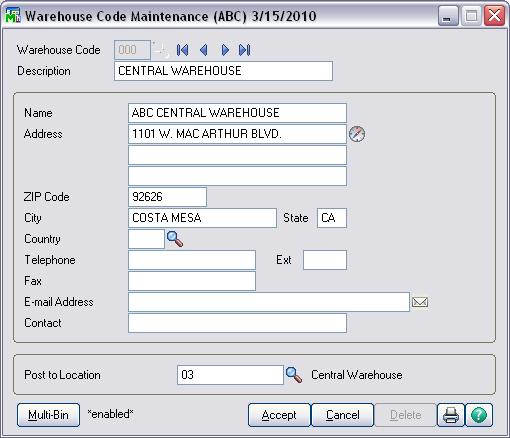 INVENTORY MANAGEMENT > SETUP MENU WAREHOUSE CODE MAINTENANCE New User Quick Start Guide Once Multi-Bin has been turned on for a company, users can setup Warehouse specific information as well.
