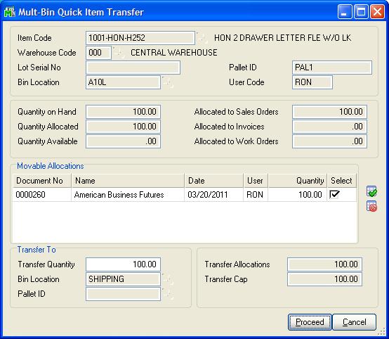 Inventory Item Setup and Tracking QUICK TRANSFERS INVENTORY MANAGEMENT > MAIN MENU For ease of use, ACS Multi-Bin WMS does allow users to complete Quick Transfers straight from the item maintenance