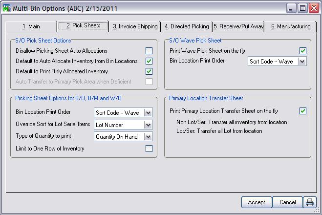 INVENTORY MANAGEMET > SETUP MENU BILL OF MATERIALS PICKING SHEET OPTIONS Bill of Materials All of the Picking Sheets in the system are governed by the same options set in the Pick Sheets tab of