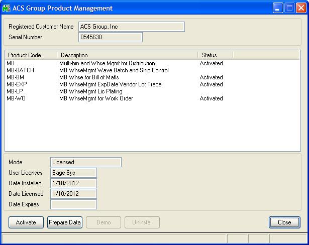 Product Activation and Management LIBRARY MASTER > SETUP > ACS GROUP PRODUCT MANAGEMENT Product management provides software activation, data preparation and software uninstallation.