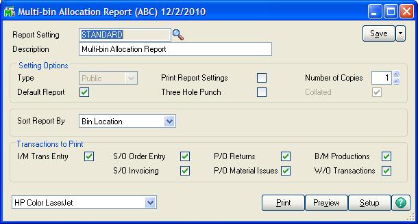 INVENTORY MANAGEMENT > REPORTS MENU MULTI-BIN ALLOCATION REPORT The Multi-Bin Inventory Allocation Report details multi-bin allocated inventory by the