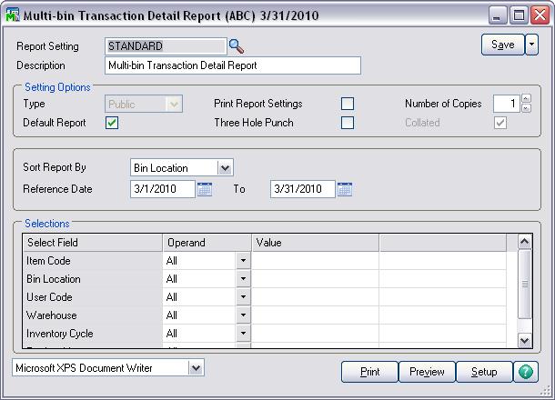 INVENTORY MANAGEMENT > REPORTS MENU MULTI-BIN DETAIL REPORT Multi-Bin Reports The Multi-Bin Detail Report provides a detailed listing of transactions by bin location for a given time period.