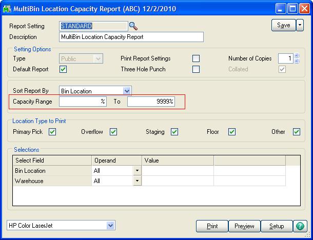 INVENTORY MANAGEMENT > REPORTS MENU MULTI-BIN LOCATION CAPACITY REPORT Multi-Bin Reports The Multi-Bin Location Capacity Report provides a detailed listing of each bin and it s capacity.