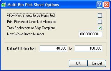 Select orders by order by multi-bin fill rate Prints 3 kinds of pick sheets with only those orders selected in your batch.