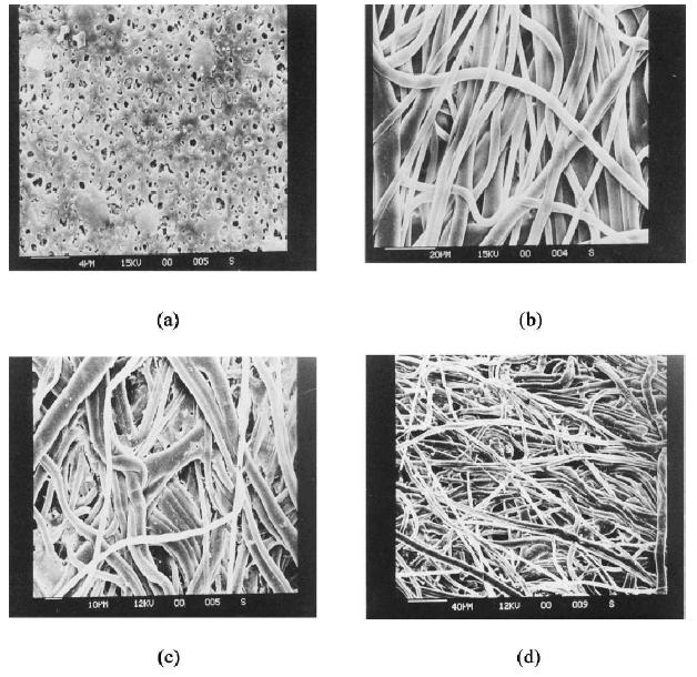 Figure 2 Electron micrographs of non-woven polypropylene (NWPP) and polysulphone (PS) membranes: (a) PS (0.3 mm); (b) NWPP (5 mm);