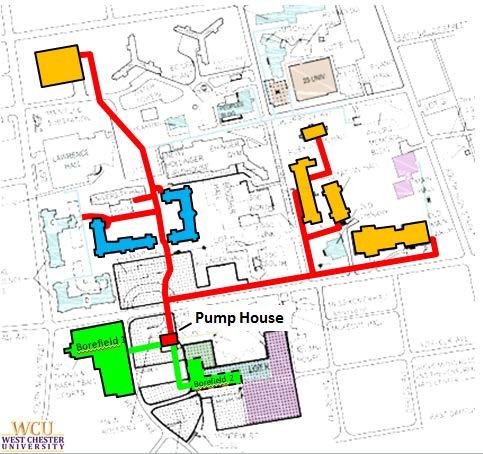 Figure 1. Map of West Chester University s geothermal system including Main Pump House, current well fields, and connected buildings.