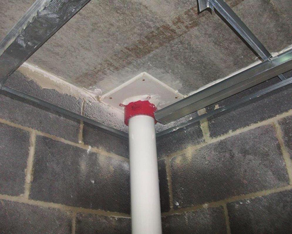 Plastic pipes of sizes 168mm to 250mm are to be protected by Rockwool Firestop Collars. Once wrapped around the plastic pipe and sealed with Ultra Tape, the pipe is then slid into the aperture.