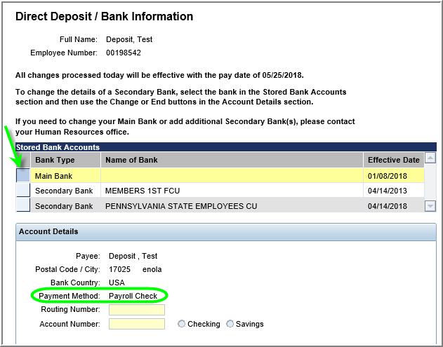 Employee Self-Service (ESS) Screens Payroll Direct Deposit/Bank Information Page 1 of 6 ESS - Payroll Direct Deposit/Bank Information 1.