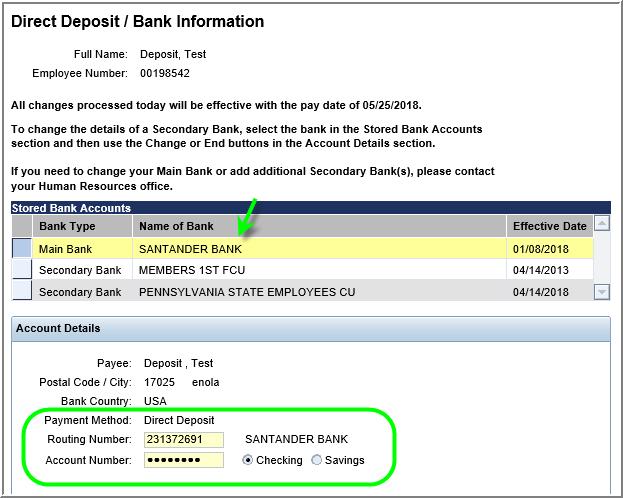 Employee Self-Service (ESS) Screens Payroll Direct Deposit/Bank Information Page 2 of 6 1.3.