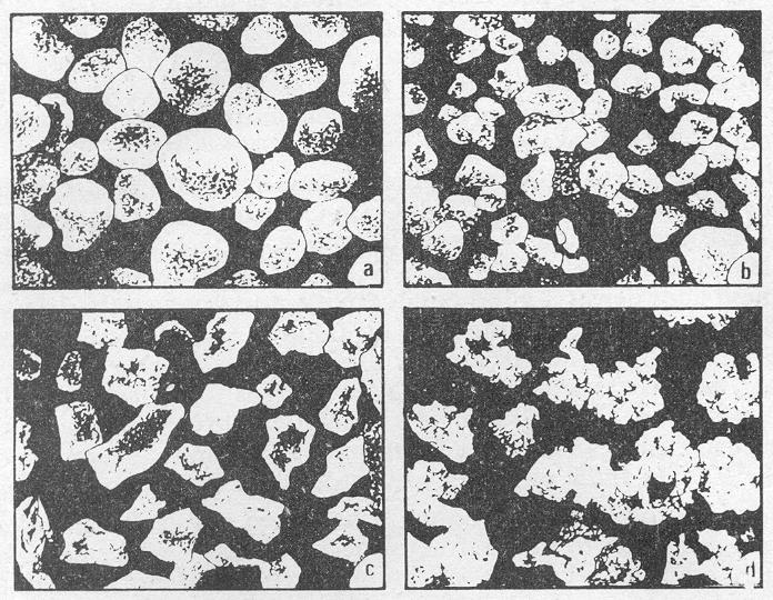 Fig. 3. Shape of sand grains: (a) Rounded, (b) Sub-angular, (c) Angular, and (d) Compounded. 2. Refractoriness and Thermal Stability It depends on chemical composition and impurity contents of sand.