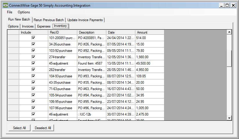 Selecting Specific Inventory Transactions By clicking on the Inventory tab, you can explicitly control which inventory transactions you want to include in the batch.