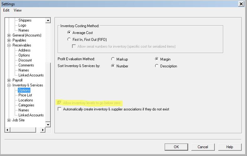 Allow Inventory Levels to Go Below Zero If the integration creates a new Inventory Type item in Sage 50 Canada that does not already exist, the quantity on hand will default to 0.